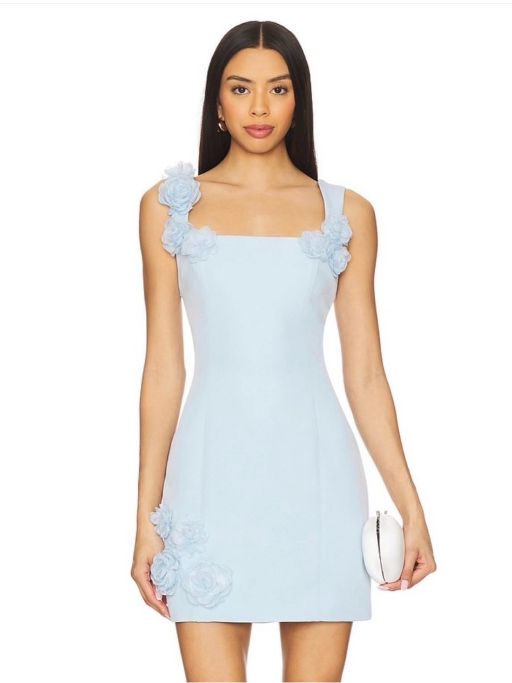 Elliatt Powder Blue Square-Neck Mini Dress with Floral Appliqué